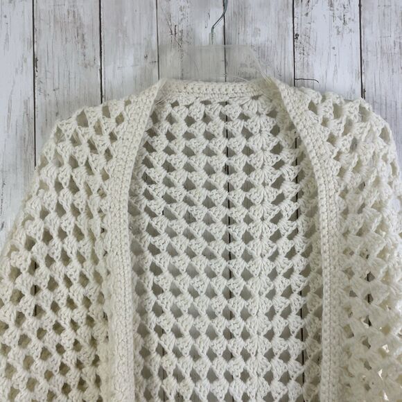 Vtg Crochet Shawl Scarf Wrap Cream Fringe Boho Festival Romantic Handmade - Picture 2 of 6
